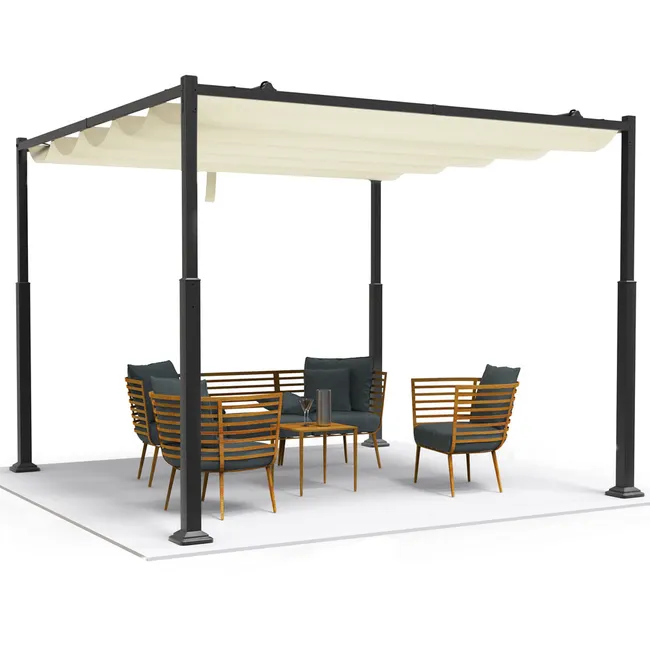 Pergola retractable 3x3m en metal et toile Polyester haute densite 180g/m2 beige